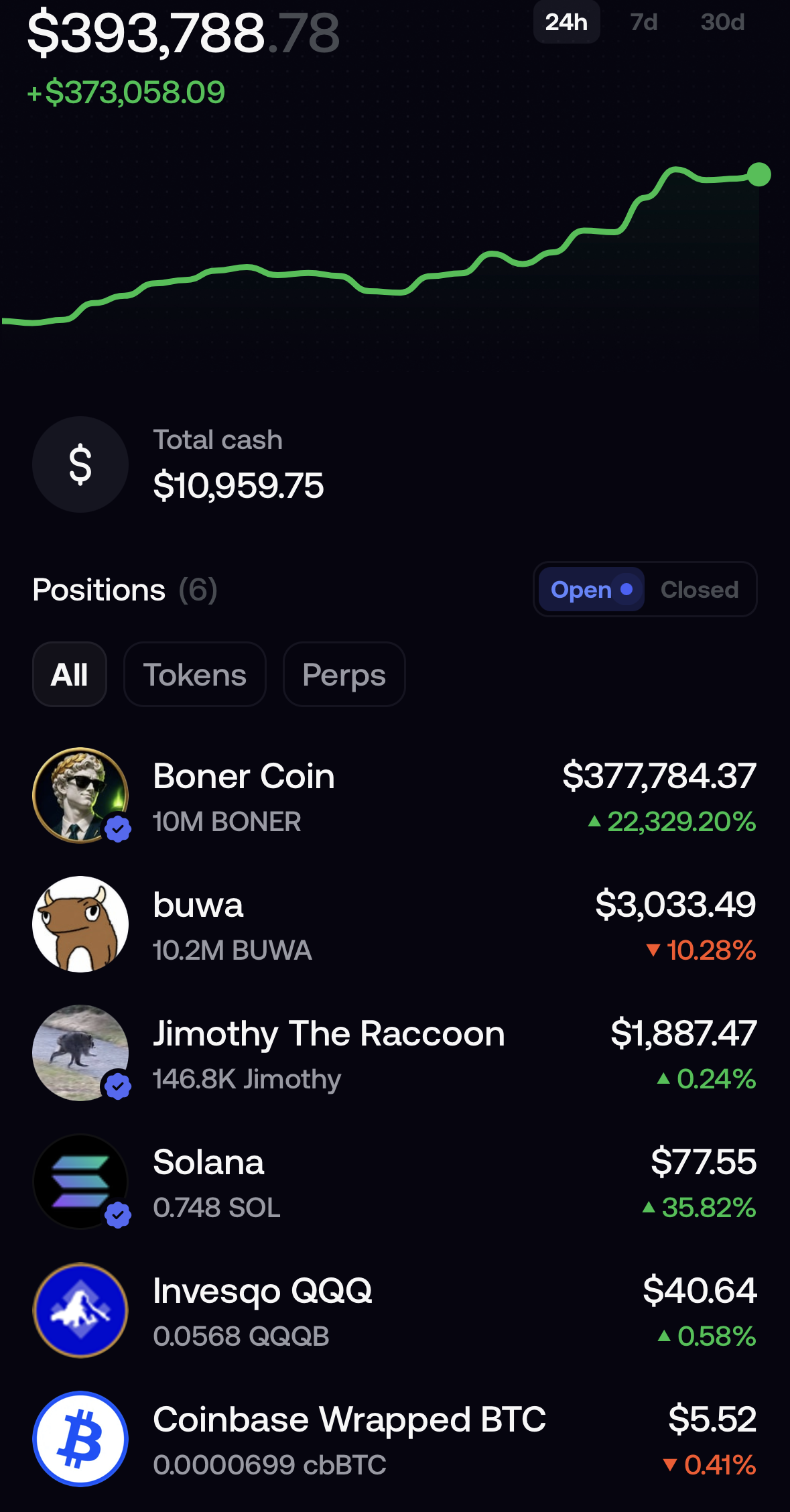 Fomo app wallet view showing a chart, cash balance, and open positions
